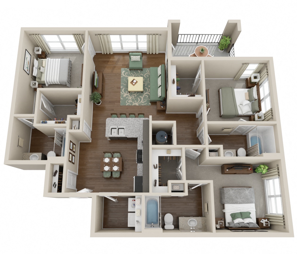 Floor plan for 3 beds, 2 baths, 1323 sqft